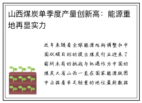 山西煤炭单季度产量创新高：能源重地再显实力