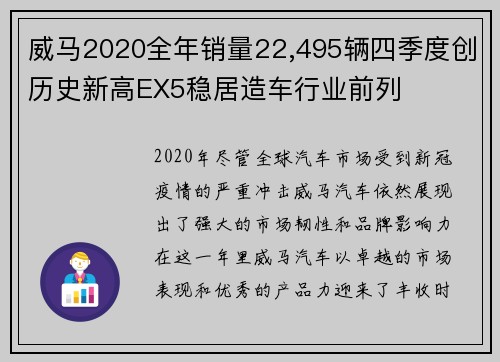 威马2020全年销量22,495辆四季度创历史新高EX5稳居造车行业前列